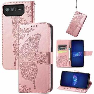 For Asus ROG Phone 6 Butterfly Love Flower Embossed Flip Leather Phone Case(Rose Gold)