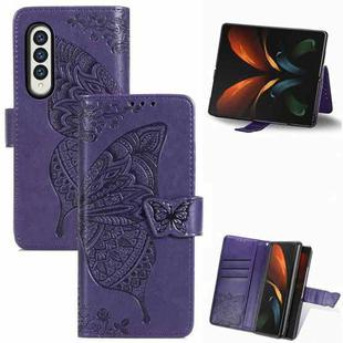 For Samsung Galaxy Z Fold4 Butterfly Love Flower Embossed Horizontal Flip Leather Phone Case(Dark Purple)