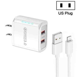 36W Dual Port QC3.0 USB Charger with 3A USB to 8 Pin Data Cable, US Plug(White)