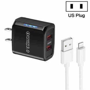 36W Dual Port QC3.0 USB Charger with 3A USB to 8 Pin Data Cable, US Plug(Black)