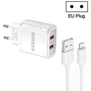 36W Dual Port QC3.0 USB Charger with 3A USB to 8 Pin Data Cable, EU Plug(White)