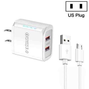 36W Dual Port QC3.0 USB Charger with 3A USB to Micro USB Data Cable, US Plug(White)