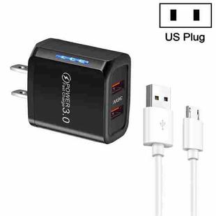 36W Dual Port QC3.0 USB Charger with 3A USB to Micro USB Data Cable, US Plug(Black)