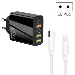 65W Dual PD Type-C + 3 x USB Multi Port Charger with 3A Type-C to Type-C Data Cable, EU Plug(Black)