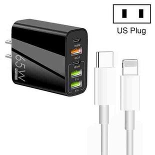 65W Dual PD Type-C + 3 x USB Multi Port Charger with 3A Type-C to 8 Pin Data Cable, US Plug(Black)