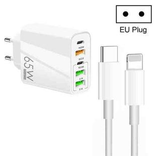 65W Dual PD Type-C + 3 x USB Multi Port Charger with 3A Type-C to 8 Pin Data Cable, EU Plug(White)