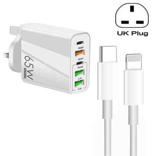 65W Dual PD Type-C + 3 x USB Multi Port Charger with 3A Type-C to 8 Pin Data Cable, UK Plug(White)