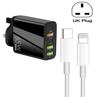 65W Dual PD Type-C + 3 x USB Multi Port Charger with 3A Type-C to 8 Pin Data Cable, UK Plug(Black)