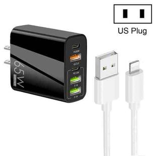 65W Dual PD Type-C + 3 x USB Multi Port Charger with 3A USB to 8 Pin Data Cable, US Plug(Black)