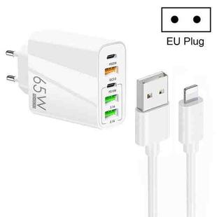 65W Dual PD Type-C + 3 x USB Multi Port Charger with 3A USB to 8 Pin Data Cable, EU Plug(White)