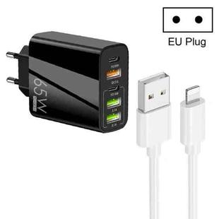 65W Dual PD Type-C + 3 x USB Multi Port Charger with 3A USB to 8 Pin Data Cable, EU Plug(Black)