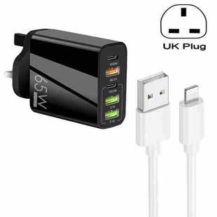 65W Dual PD Type-C + 3 x USB Multi Port Charger with 3A USB to 8 Pin Data Cable, UK Plug(Black)