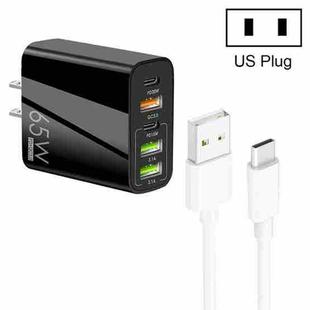 65W Dual PD Type-C + 3 x USB Multi Port Charger with 3A USB to Type-C Data Cable, US Plug(Black)