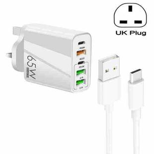 65W Dual PD Type-C + 3 x USB Multi Port Charger with 3A USB to Type-C Data Cable, UK Plug(White)