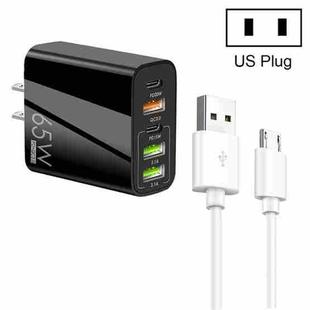 65W Dual PD Type-C + 3 x USB Multi Port Charger with 3A USB to Micro USB Data Cable, US Plug(Black)