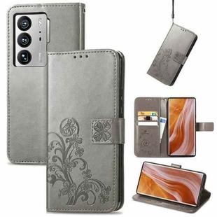 For ZTE Axon 40 Ultra Four-leaf Clasp Embossed Buckle Leather Phone Case(Gray)