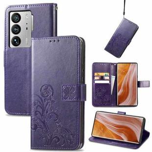 For ZTE Axon 40 Ultra Four-leaf Clasp Embossed Buckle Leather Phone Case(Purple)