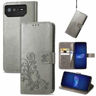 For Asus ROG Phone 6 Four-leaf Clasp Embossed Buckle Leather Phone Case(Gray)