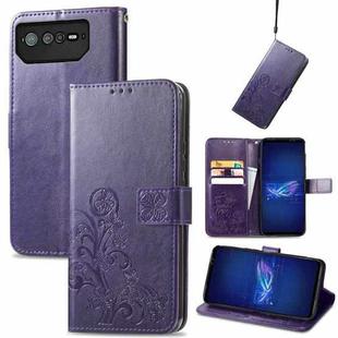 For Asus ROG Phone 6 Four-leaf Clasp Embossed Buckle Leather Phone Case(Purple)