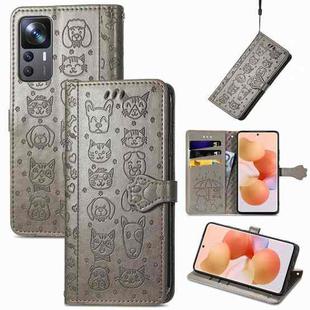For Xiaomi 12T / 12T Pro / Redmi K50 Ultra Cute Cat and Dog Embossed Leather Phone Case(Gray)
