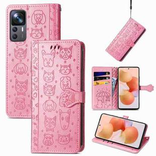For Xiaomi 12T / 12T Pro / Redmi K50 Ultra Cute Cat and Dog Embossed Leather Phone Case(Pink)