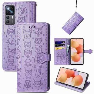 For Xiaomi 12T / 12T Pro / Redmi K50 Ultra Cute Cat and Dog Embossed Leather Phone Case(Purple)