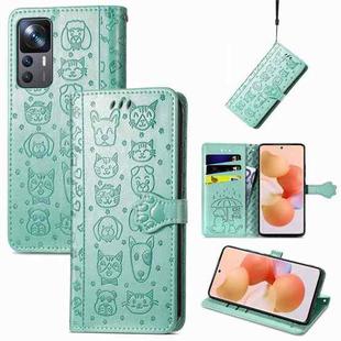 For Xiaomi 12T / 12T Pro / Redmi K50 Ultra Cute Cat and Dog Embossed Leather Phone Case(Green)