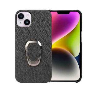 For iPhone 14 Plus Ring Holder Litchi Texture Genuine Leather Phone Case(Black)