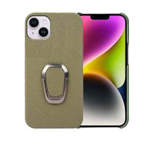 For iPhone 14 Plus Ring Holder Litchi Texture Genuine Leather Phone Case(Green)