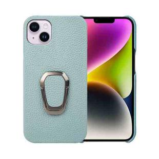 For iPhone 14 Plus Ring Holder Litchi Texture Genuine Leather Phone Case(Cyan)