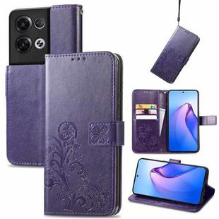For OPPO Reno8 Pro Overseas Edition Four-leaf Clasp Embossed Buckle Leather Phone Case(Purple)