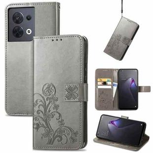 For OPPO Reno8 5G Four-leaf Clasp Embossed Buckle Leather Phone Case(Gray)