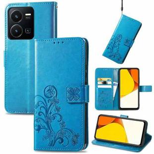 For vivo Y35 Four-leaf Clasp Embossed Buckle Leather Phone Case(Blue)