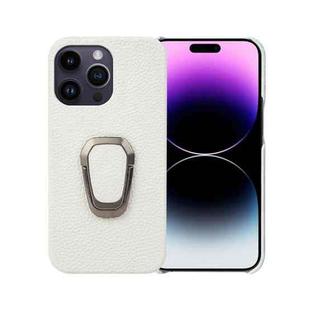 For iPhone 14 Pro Max Ring Holder Litchi Texture Genuine Leather Phone Case(White)