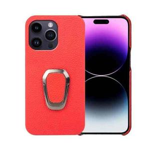 For iPhone 14 Pro Max Ring Holder Litchi Texture Genuine Leather Phone Case(Red)