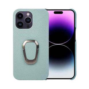 For iPhone 14 Pro Max Ring Holder Litchi Texture Genuine Leather Phone Case(Cyan)
