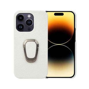 For iPhone 14 Pro Ring Holder Litchi Texture Genuine Leather Phone Case(White)
