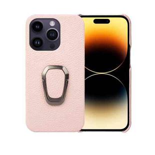 For iPhone 14 Pro Ring Holder Litchi Texture Genuine Leather Phone Case(Pink)