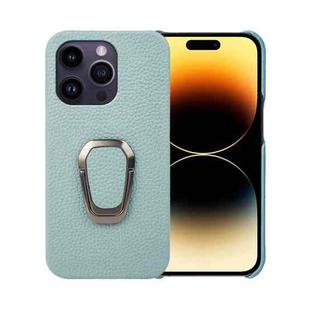 For iPhone 14 Pro Ring Holder Litchi Texture Genuine Leather Phone Case(Cyan)