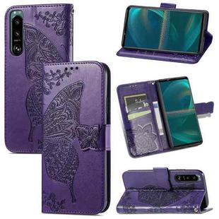 For Sony Xperia 5 IV Butterfly Love Flower Embossed Leather Phone Case(Purple)
