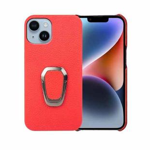 For iPhone 14 Ring Holder Litchi Texture Genuine Leather Phone Case(Red)