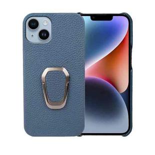 For iPhone 14 Ring Holder Litchi Texture Genuine Leather Phone Case(Blue)