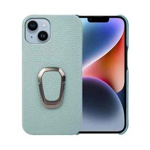 For iPhone 14 Ring Holder Litchi Texture Genuine Leather Phone Case(Cyan)