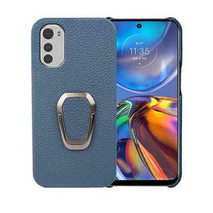 For Motorola Moto E32 4G Ring Holder Litchi Texture Genuine Leather Phone Case(Blue)