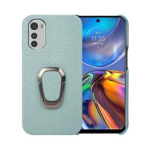 For Motorola Moto E32 4G Ring Holder Litchi Texture Genuine Leather Phone Case(Cyan)