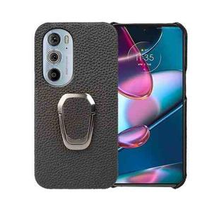 For Motorola Moto Edge 30 Pro Ring Holder Litchi Texture Genuine Leather Phone Case(Black)