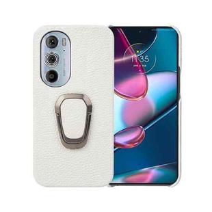 For Motorola Moto Edge 30 Pro Ring Holder Litchi Texture Genuine Leather Phone Case(White)