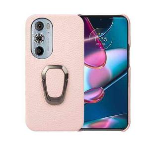 For Motorola Moto Edge 30 Pro Ring Holder Litchi Texture Genuine Leather Phone Case(Pink)