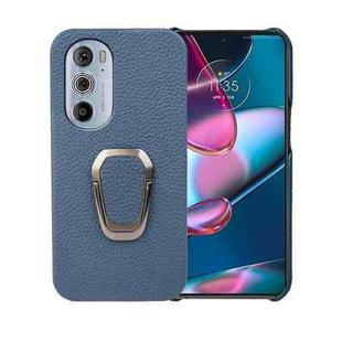 For Motorola Moto Edge 30 Pro Ring Holder Litchi Texture Genuine Leather Phone Case(Blue)