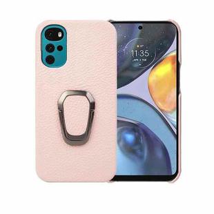 For Motorola Moto G22 Ring Holder Litchi Texture Genuine Leather Phone Case(Pink)